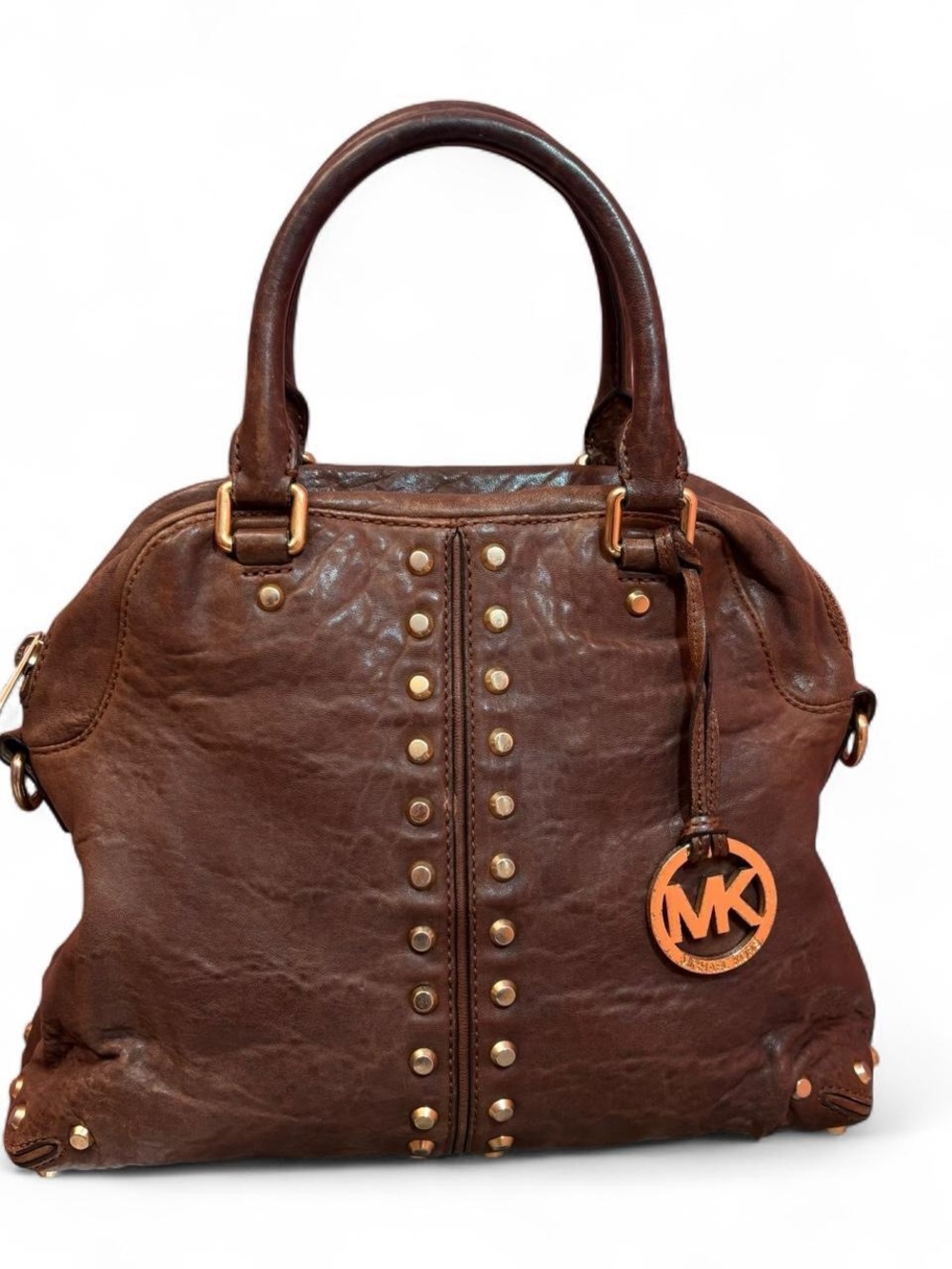 Michael Kors Chocolate Brown Leather Studded Satchel with Gold Hardware